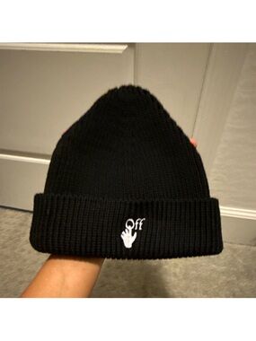 Off-White Black Knit Beanie with White Hand Logo